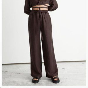 Brown linen drawstring trouser wide leg pants